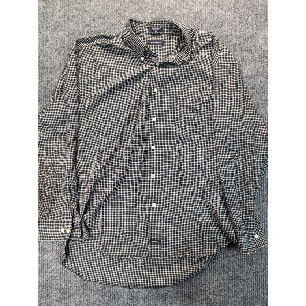NAUTICA Men's Button Down Shirt Size XL Long Sleeve 100% Cotton, Black Plaid